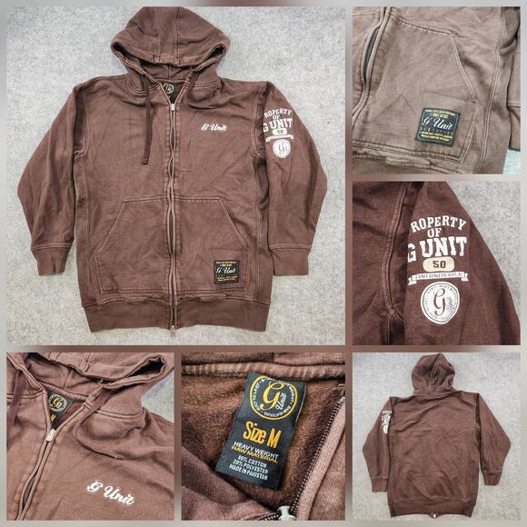 VTG G Unit Hoodie Mens Medium Brown Zip Up Full Zip Sweatshirt Heavyweight 50 - Picture 1 of 16